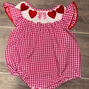 Pink Gingham Baby Romper with Red Hearts